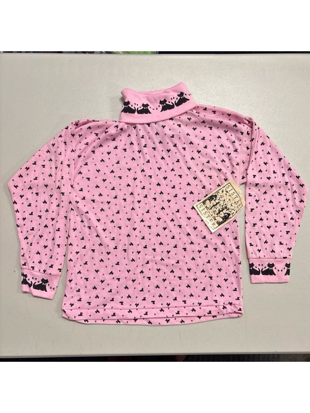 Vintage 90s Sister Sister Girls Turtleneck Pink Black Cat Print Size L 14 NWT